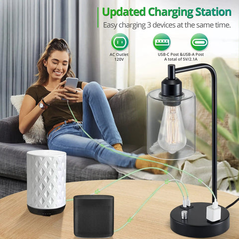 Industrial Table Lamps Set Of 2 With USB Ports and AC Outlet, shown with devices charging on a wooden table.