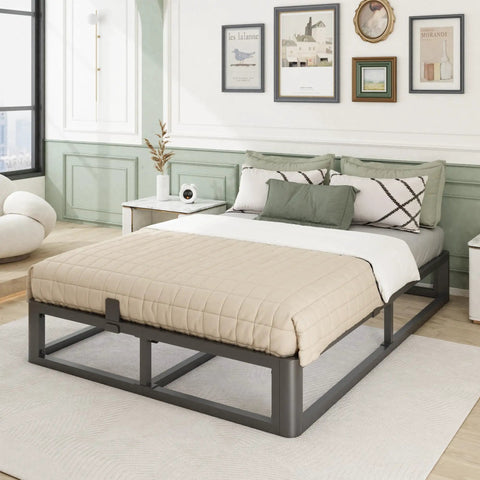 Bulletproof King Bed Frame With 10 Inch Height, Heavy Duty Steel Slats Holding Up To 3500 Lbs, in a modern bedroom setting.