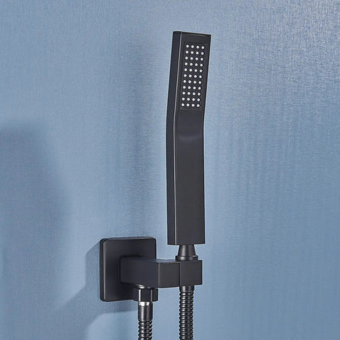 Wall-mounted handheld unit of LED Shower System With 16 Inch Rain Shower Head And Handheld, High Pressure, Black Finish.