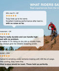 Cyclist on trail with reviews praising Disc Brake Pads For Electric Bikes And E MTB Beefed Up Braking Long Lasting