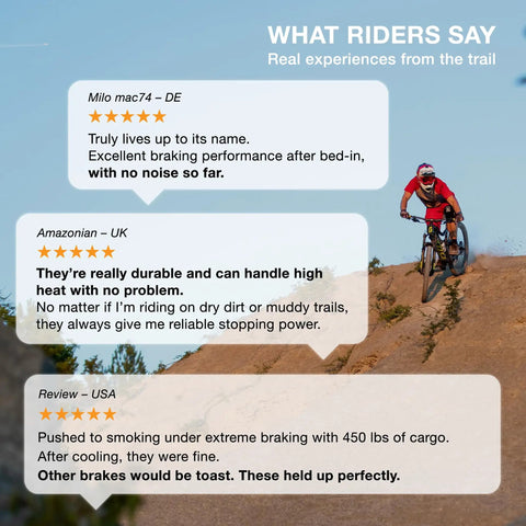 Cyclist on trail with reviews praising Disc Brake Pads For Electric Bikes And E MTB Beefed Up Braking Long Lasting