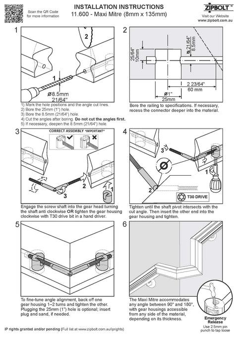 Installation instructions for Maxi Miter Connector Bulk Pack For Stair Handrails Adjustable 90 To 180 Degree Railbolt Kit