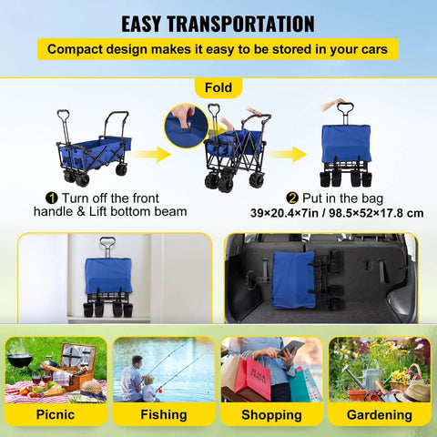 Diagram showing folding steps of Heavy Duty Collapsible Wagon with Removable Canopy 220 lb Capacity Foldable Beach Wagon.