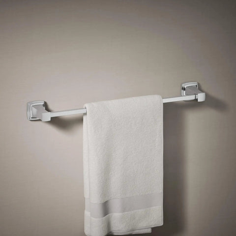 Riff 24 Inch Towel Bar Polished Chrome Built To Last Durable Zinc Construction with towel hanging in modern bathroom