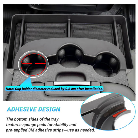 Center Console Cup Holder Organizer For Dodge RAM 1500 And 1500 Classic 2500 And 3500 Jump Seat With 3 Cup Holders Front Storage Tray Truck Accessories 2013 To 2026 Rams, showing adhesive design.