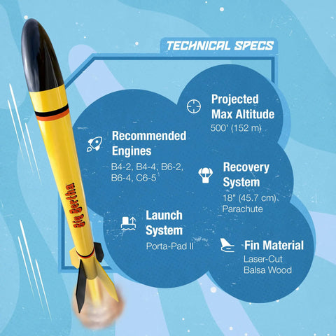 Big Bertha Rocket Building Kit For Ages 10 Plus - intermediate flying rocket with specs, durable body tube, and parachute