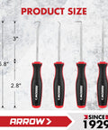 4 Piece Precision Hook And Pick Set With Pouch For Auto Repair, showing four tools and size dimensions, each 5.8 inches long.