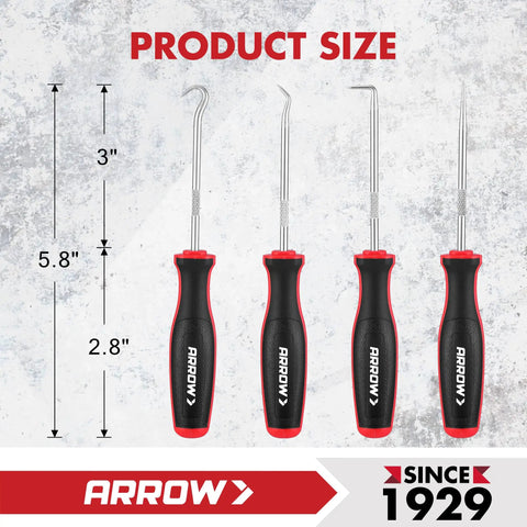 4 Piece Precision Hook And Pick Set With Pouch For Auto Repair, showing four tools and size dimensions, each 5.8 inches long.