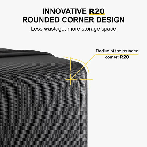 LEVEL8 hard-shell carry-on luggage, 20-inch, black textured exterior close-up of the rounded corner (R20)