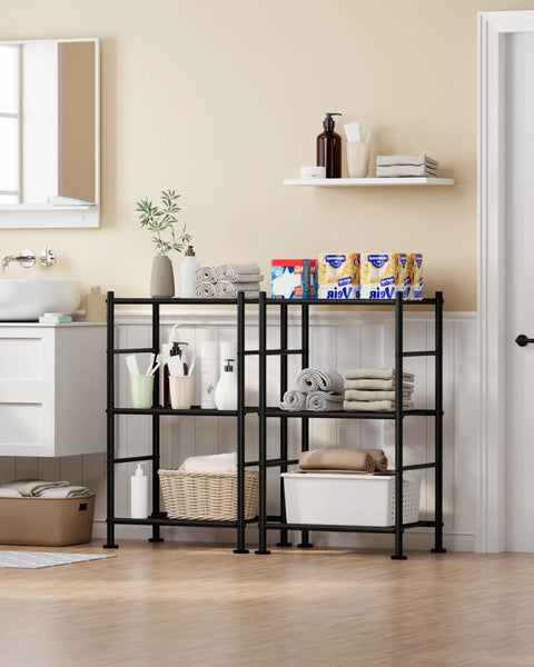 Two Pack 3 Tier Metal Wire Storage Shelves Super Slim Space Saving Rack With Adjustable Feet Pulls Off No Sweat Organizing For Tight Laundry Kitchen Or Garage Corners Compact Vertical Rack Black