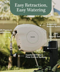 Beige 100 Foot Automatic Retractable Garden Hose Reel with wall mount for easy backyard and outdoor watering.