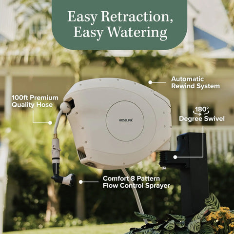 Beige 100 Foot Automatic Retractable Garden Hose Reel with wall mount for easy backyard and outdoor watering.