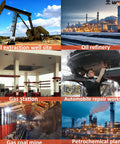 Collage of industrial sites: oil extraction well, oil refinery, gas station, auto repair workshop, gas coal mine, petrochemical plant.