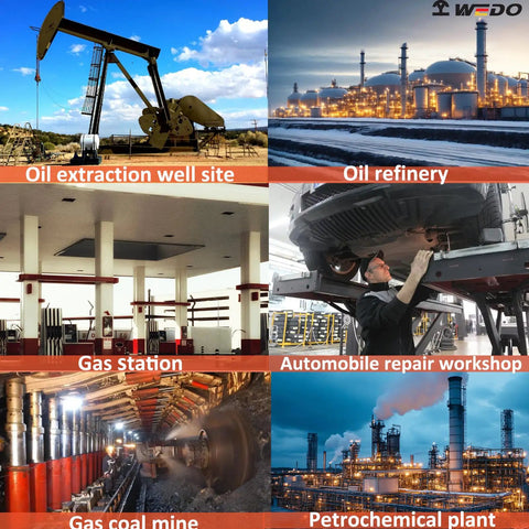 Collage of industrial sites: oil extraction well, oil refinery, gas station, auto repair workshop, gas coal mine, petrochemical plant.