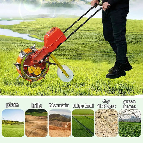 Person using Adjustable Garden Seed Spreader Cart With 400 Sq Meters Per Hour Hopper Capacity Heavy Duty Rugged Powder Coated Frame