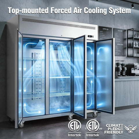 Heavy Duty Stainless Steel Three Door Commercial Freezer 54 Cubic Foot Reach In Upright Unit with top-mounted air cooling system