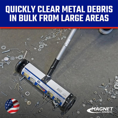Magnetic Sweeper With Wheels, Mini Push Type Yard Nail Picker, 13 Inch Rolling Magnet on concrete strewn with metal debris