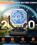 20,000mAh Camping Fan With 70-Hour Runtime, Portable USB Power Bank, 120-Degree Auto Oscillation displayed with time icons