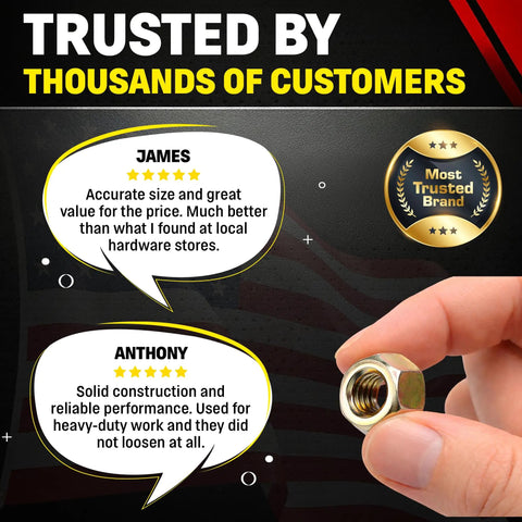 Person holding 5/16 18 Nylon Insert Lock Nut Grade 8 Alloy Steel Nylock Hex Nuts Yellow Chromate Zinc High Strength 50 Pack