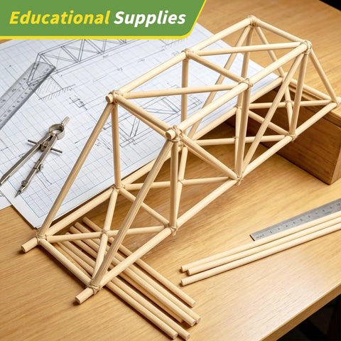 Straight Up Natural Bamboo Wooden Dowel Rods Quarter Inch by Twelve Inches Solid 50 Piece Craft Sticks for DIY Art Floral Bouquets and Centerpieces Zero Hassle Ready to Rock model bridge on desk with drafting tools and blueprint.