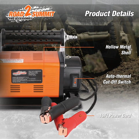 Heavy Duty Portable 12V Air Compressor Kit And Tire Inflator Beast With 150 Psi Max Pressure And 6 Point 35 Cfm Flow, showing metal shell, power cord, and switches.