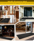 Heavy Duty Rubber Floor Mat With Drainage Holes For Garage Kitchen Restaurant And Outdoor Bar Use 36 By 60 Inches Non Slip Puddle Proof Durable Black Tough As Nails in various settings including kitchen, entryway, bar, and store entrance.
