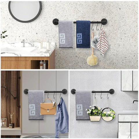 Industrial Pipe Towel Bar Wall Mounted Heavy Duty Rust Resistant Iron Towel Rack For Bathroom And Kitchen 24 Inch Black