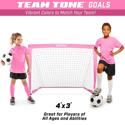 Team Tone 4 Feet By 3 Feet Pop Up Soccer Goals For Kids Set Of 2 Portable Backyard Nets With 6 Stakes Pink For Easy Setup