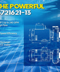 Straight Swap Heavy Duty Spa Pump And Hot Tub Motor Packing 4 HP Dual Speed Punch For Knockout Water Flow Effortlessly Mounts To Your 56 Frame Rig With Side Discharge Serving Smooth Sailing Action Year Round technical specifications with dimensions and flow rates on a blue water background.