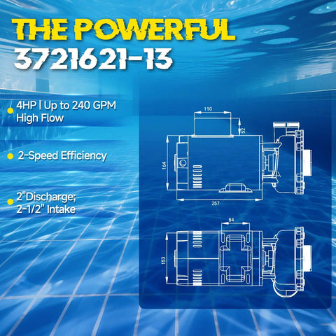 Straight Swap Heavy Duty Spa Pump And Hot Tub Motor Packing 4 HP Dual Speed Punch For Knockout Water Flow Effortlessly Mounts To Your 56 Frame Rig With Side Discharge Serving Smooth Sailing Action Year Round technical specifications with dimensions and flow rates on a blue water background.