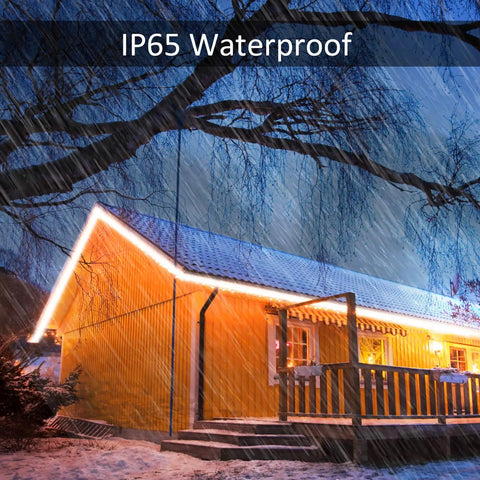 49.2ft Smart LED Outdoor Rope Light With Music Sync RGB lighting a yellow house in rainy weather, IP65 waterproof feature highlighted.