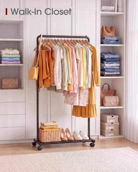 Heavy Duty Clothes Rack With Roll Free Mesh Shelf And Smooth Casters, 82 Pound Steel Clothing Organizer For Coats And Dresses, Tool Free Setup Wardrobe Stand Rock Solid For Every Walk In Closet Space