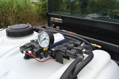 25 Gallon Boomless ATV Sprayer With Adjustable Spray Nozzle And Deluxe Pistol Grip showing close-up of pump and pressure gauge
