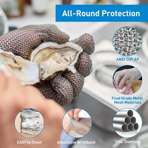 Person wearing Hardcore Metal Mesh Cut Resistant Glove For Meat Cutting Butcher Grade Food Safe Chainmail Hand Protection