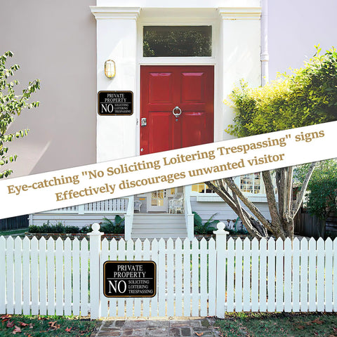 Front lawn with 2 Pack No Trespassing And No Soliciting Keep Out Sign Set For Private Property With Stake 14x10 Inches, mounted on white picket fence.