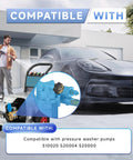 Person using a pressure washer on a car with an inset of Pressure Washer Water Inlet Fitting Three Quarter Inch Female To Three Eighth Inch Male Quick Swap Replacement For Simpson Cleaning 7110166 Gold 2 Pack Pro Grade Easy Install Durable Build.