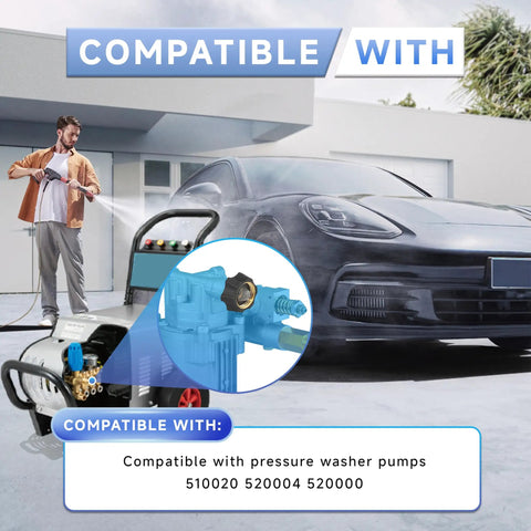 Person using a pressure washer on a car with an inset of Pressure Washer Water Inlet Fitting Three Quarter Inch Female To Three Eighth Inch Male Quick Swap Replacement For Simpson Cleaning 7110166 Gold 2 Pack Pro Grade Easy Install Durable Build.