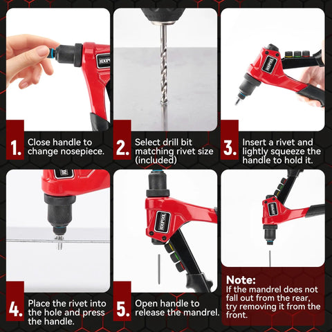 Step-by-step guide using Adjustable Stroke Rivet Gun Kit With Heavy Duty Hand Riveter Includes 200 Aluminum Rivets, 4 Drill Bits