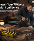 Heavy Duty Shop Workhorse Power Strip With Eight Widely Spaced Outlets And 2700J Surge Protection Six Foot Extension Cord in use at a workshop.