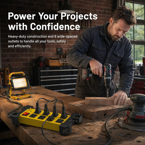 Heavy Duty Shop Workhorse Power Strip With Eight Widely Spaced Outlets And 2700J Surge Protection Six Foot Extension Cord in use at a workshop.