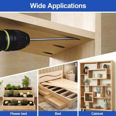 Drill with 1 1/4 Inch Coarse Thread Pocket Hole Screws for wood projects, flower bed, bed frame, and cabinet shown.