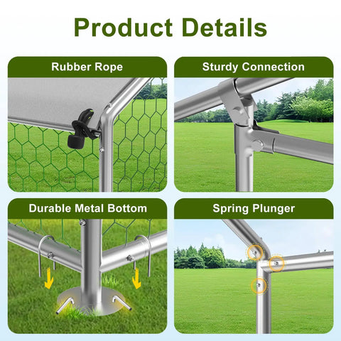 Product details showcasing durable metal connections and rubber fastening of Sturdy Metal Chicken Coop With Waterproof UV Cover And Walk In Run Spire Roof Outdoor Cage For Backyard Farm Ideal For Chickens Rabbits Ducks Rust Resistant Steel Frame 10 Ft Wide By 13.2 Ft Long By 6.4 Ft High.