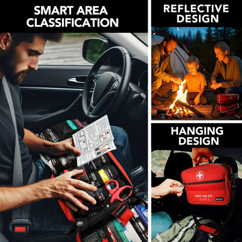 Red 430-piece waterproof first aid kit, compact trauma medical kit for home, car, travel; collage views.