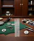 5 Piece Silver Watch Stem Crown Kit For NH35 NH36 NH38 NH39 Movements Stainless Steel Pro Grade Gear on wood table