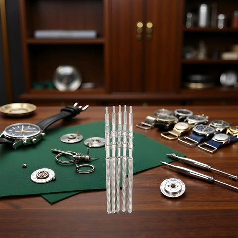 5 Piece Silver Watch Stem Crown Kit For NH35 NH36 NH38 NH39 Movements Stainless Steel Pro Grade Gear on wood table