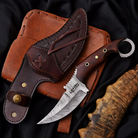 Handmade Damascus Steel Curved Fixed Blade Hunting Knife Nine Inch With Wooden Handle Ring Pommel Leather Sheath The Go To Tool For Camping And Outdoor Adventures Gift displayed with sheath