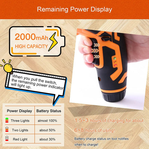 Cordless Electric Screwdriver 3.6V Rechargeable With 2000mAh Battery showing remaining power display