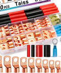 Pro Grade Copper Wire Lugs Kit For Battery Cables With Heat Shrink Includes AWG 2 To 16 Copper Ring Terminals And Connectors