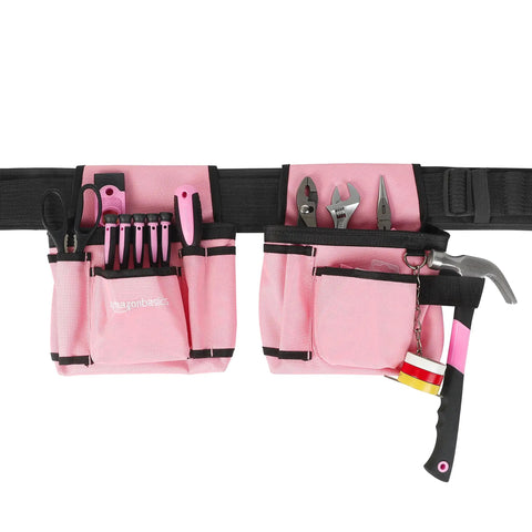 Pink adjustable tool belt with 2 large pouches, 10 small pockets, and hammer loop, waist strap fits 22 to 44 inches, tools included