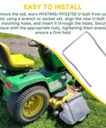 John Deere lawn tractor with Bulletproof Front Deck Hanger U Bolt Kit M147445 shown for easy installation view.
